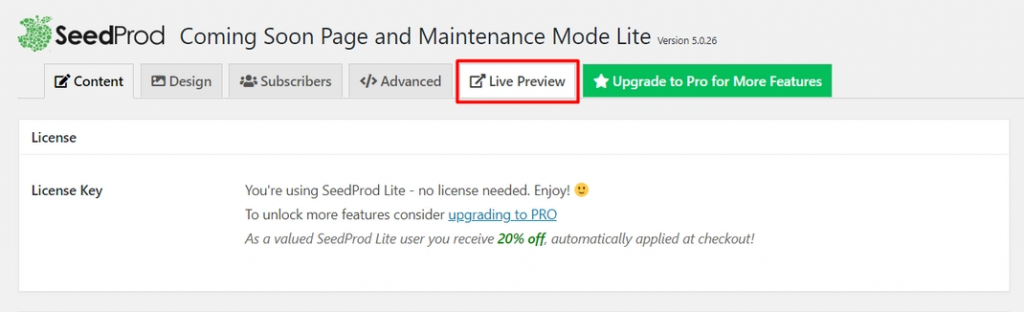 seedprod live preview maintenance mode